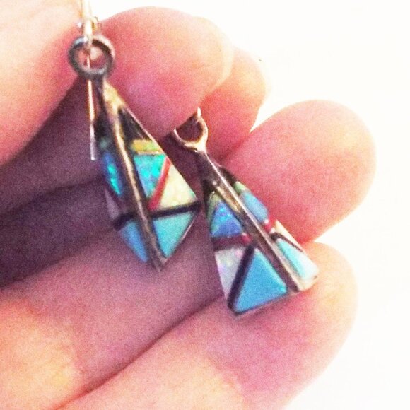 NAVAJO LEN ADAKAI STERLING PYRAMID OPAL, JET & TURQUOISE INLAY PIERCED EARRING B - Picture 3 of 6